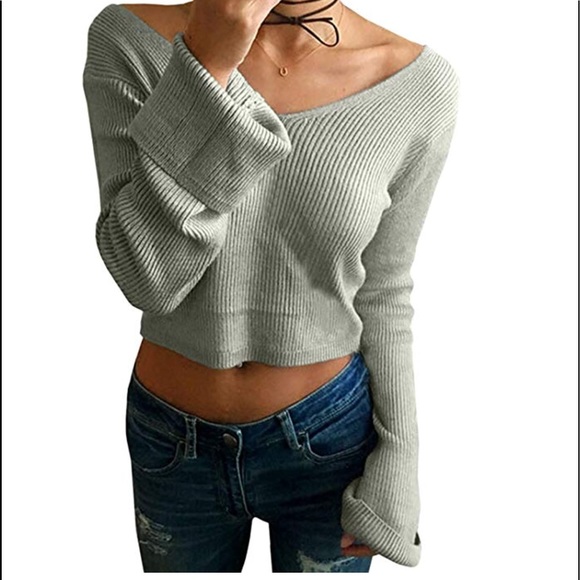 V Neck Long Sleeve Pullover Sweater Crop Top/ - Picture 2 of 7